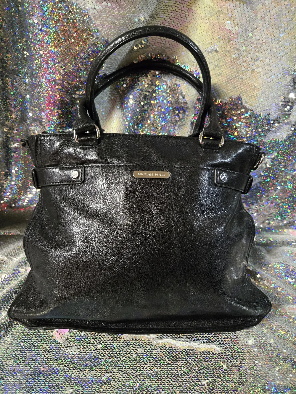 Michael Kors Black Leather Naomi Satchel with Silver-Tone MK Charm